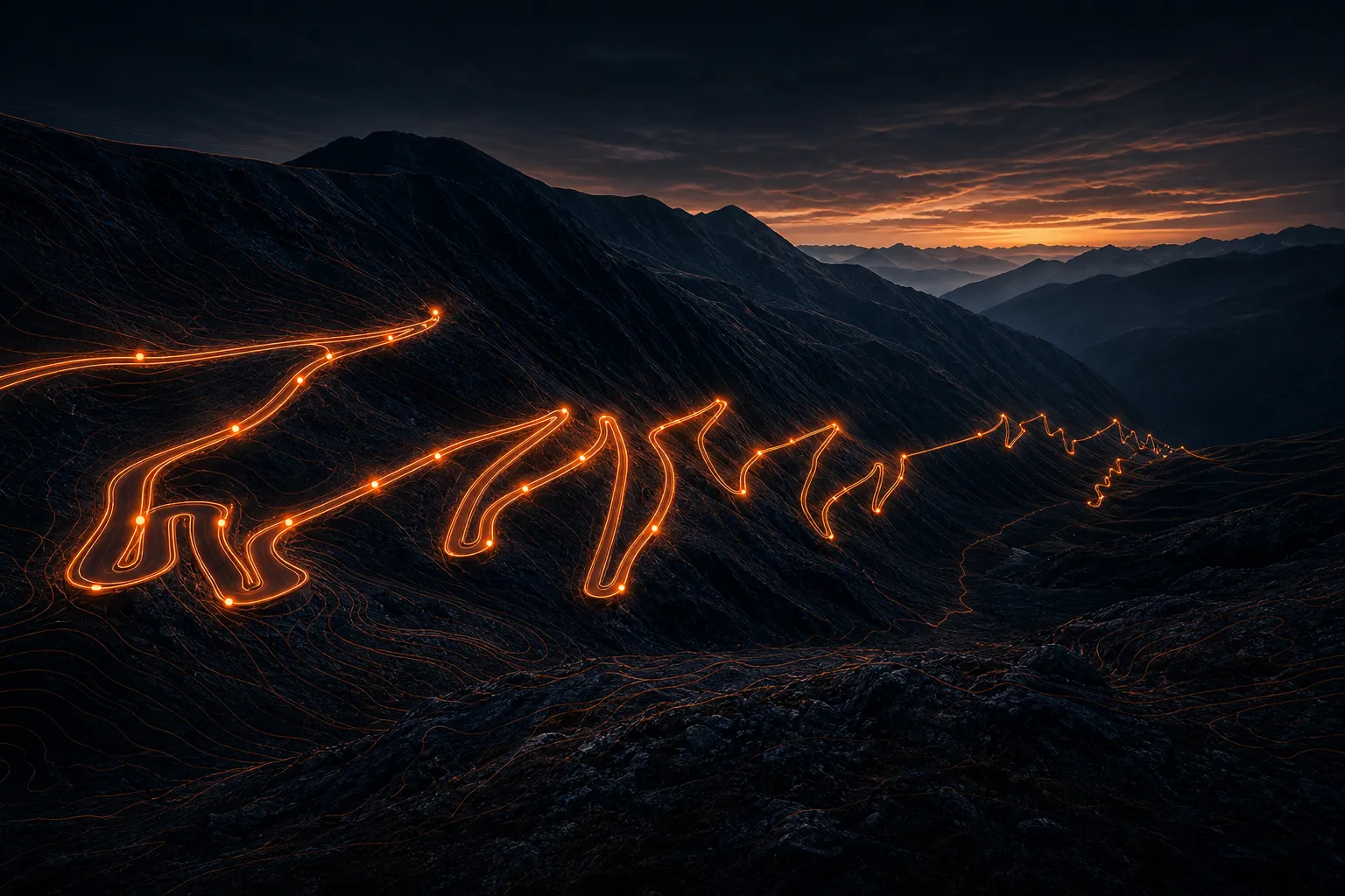 Orange mountain route with many curves and waypoints