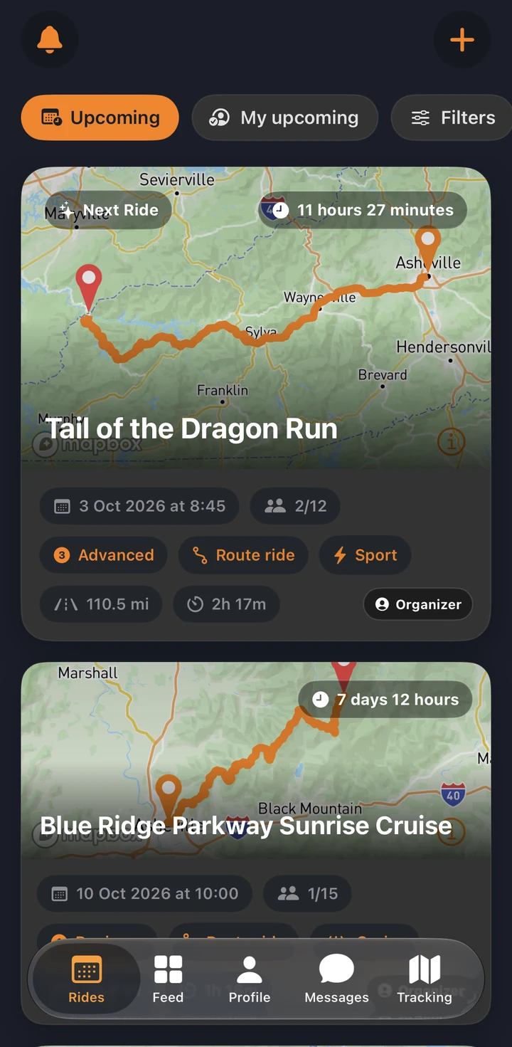 RideCall screen with upcoming rides on a map, with date, level, and distance
